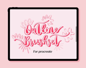 Könnte beinhalten: Der Bildschirm eines digitalen Tablets zeigt ein pinkfarbenes und weißes Grafikdesign mit dem Text "Outline Brushset" und "For Procreate".