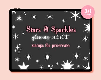 Puede incluir: Una ilustración digital de una pantalla de tableta que muestra 30 sellos de estrellas y brillos brillantes y planos para Procreate. El texto "Stars & Sparkles glowing and flat stamps for procreate" se muestra en la pantalla.