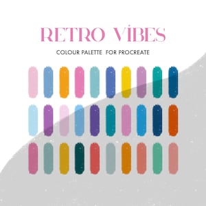 Op de afbeelding: Een digitaal kleurenpalet met 30 kleurstalen in verschillende tinten roze, blauw, geel, groen, paars en oranje. De tekst "RETRO VIBES" en "COLOUR PALETTE FOR PROCREATE" wordt boven de kleurstalen weergegeven.