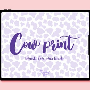 May include: A digital tablet screen displaying a purple and white cow print pattern. The text "Cow print" and "brush for procreate" is displayed on the screen.