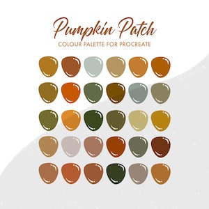 Peut inclure: Une palette de couleurs numérique pour Procreate avec 25 nuances d'orange, de brun, de vert et de gris. La palette est intitulée "Pumpkin Patch".