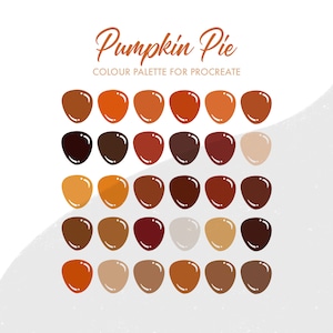 Könnte beinhalten: Eine digitale Farbpalette für Procreate mit 24 Farbtönen in Orange, Braun und Rot, inspiriert von Kürbiskuchen. Die Palette trägt den Titel "Pumpkin Pie Color Palette for Procreate".