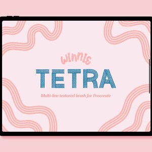 May include: A digital illustration of a tablet screen displaying a blue and white textured brush for Procreate called "Winnie TETRA". The background is pink with pink and white wavy lines.
