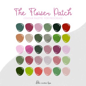 May include: A digital color palette for Procreate, called "The Flower Patch", with 36 color swatches in shades of green, brown, pink, red, and gray.