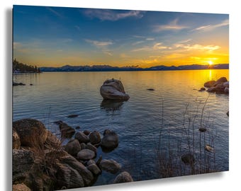 Lake Tahoe Sunset Print – Bonsai Rock Photography Wall Art, Nature Landscape Fine Art Decor