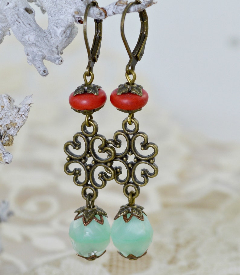 Earrings Vintage Style Bronze with Bohemian, Howlith Semi-Precious Stone Pearls Gift for Women image 2