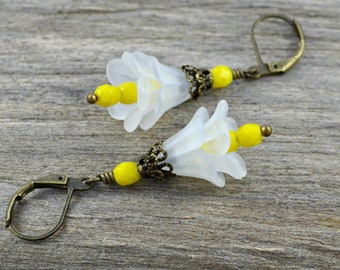 Flowers White Yellow Bronze Bellflower Earrings Jewelry Gift for Women