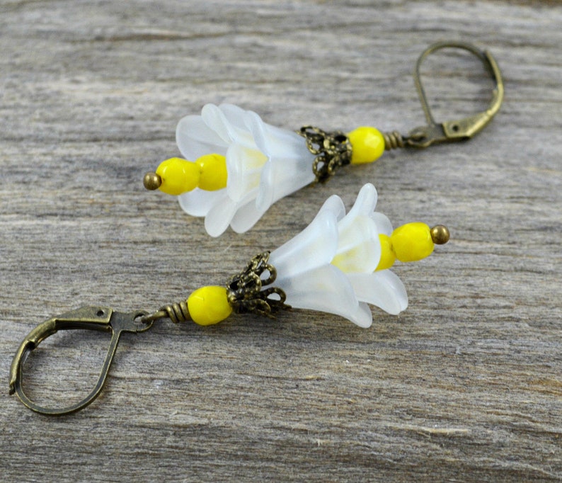 Flowers White Yellow Bronze Bellflower Earrings Jewelry Gift for Women image 1