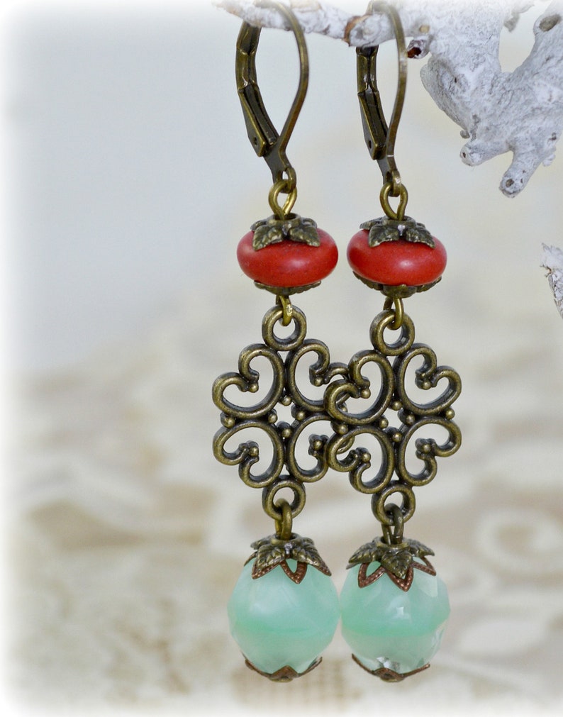 Earrings Vintage Style Bronze with Bohemian, Howlith Semi-Precious Stone Pearls Gift for Women image 4