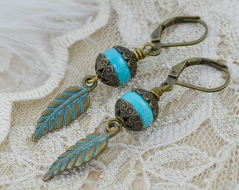 Boucles d’oreilles avec Patine Feuille Bronze Vintage Style Boucles d’oreilles Bijoux Cadeau pour Femmes