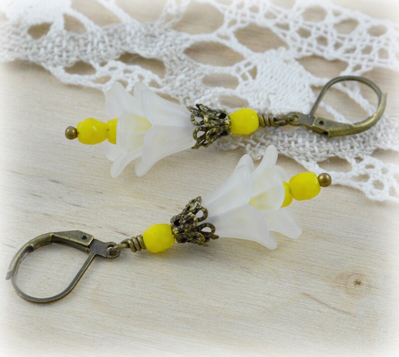 Flowers White Yellow Bronze Bellflower Earrings Jewelry Gift for Women image 3