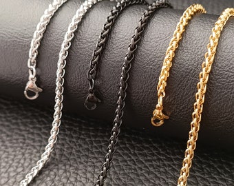 Edelstahl Zopfkette Halskette 3 mm Silber,Gold,Schwarz Damen,Herren Modeschmuck