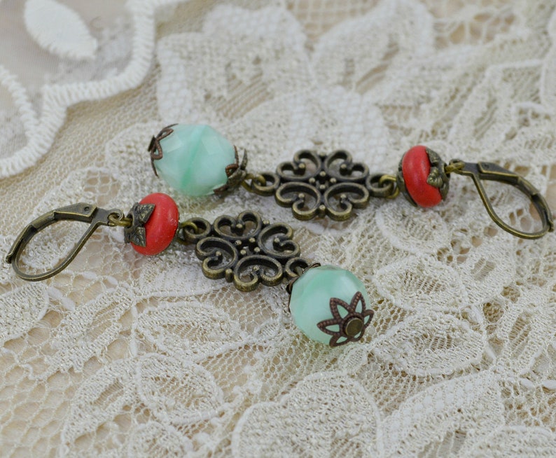Earrings Vintage Style Bronze with Bohemian, Howlith Semi-Precious Stone Pearls Gift for Women image 3