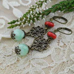 Earrings Vintage Style Bronze with Bohemian, Howlith Semi-Precious Stone Pearls Gift for Women image 1