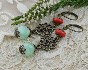 Earrings Vintage Style Bronze with Bohemian, Howlith Semi-Precious Stone Pearls Gift for Women