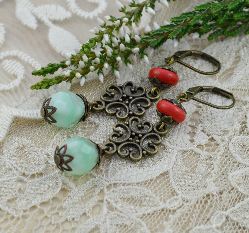 Earrings Vintage Style Bronze with Bohemian, Howlith Semi-Precious Stone Pearls Gift for Women image 1