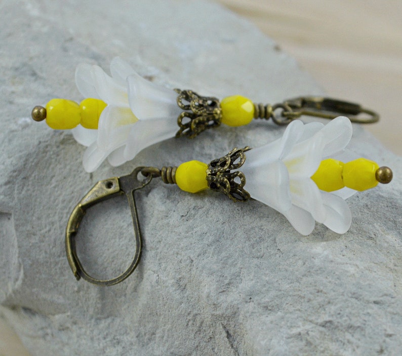 Flowers White Yellow Bronze Bellflower Earrings Jewelry Gift for Women image 2