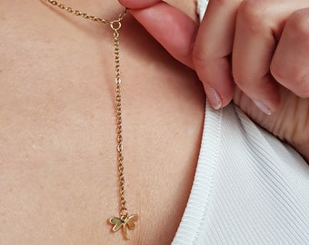 Y-Kette aus Edelstahl mit Libelle in Gold | Filigrane Kette mit Anhänger Edelstahlschmuck für Frauen