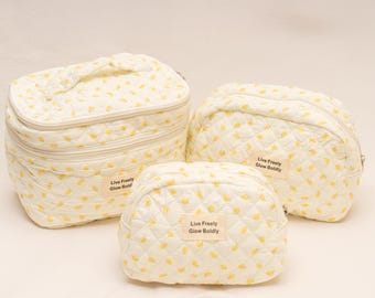 Personalized Embroidered Cute Makeup Bag for Women(3 Pcs), Travel Cosmetic Bags, Quilted Coquette Aesthetic Floral Toiletry Organizer Bag