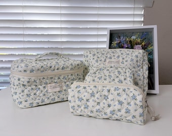 Custom Embroidered Chic Makeup Bag Set for Women (4 Pcs) - Elegant Quilted Floral Cosmetic Travel Cases, Personalized Toiletry Organizer