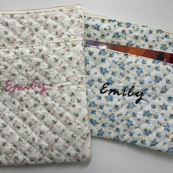 Personalized Embroidered Name Book Sleeve Set (2 Pcs), Padded Book Cover, Floral Book Purse Protector Lover Gift, iPad Sleeve, Kindle Sleeve