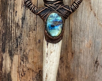Labradorite and Quartz Antler Pendant, Copper Electroformed Jewelry, Handcrafted, Ready to Ship