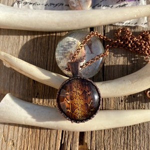 Copper Electroformed Snake Skin Necklace, Glass Cabochon and Copper Pendant, Art Jewelry, Snake Skin Pendant, Unisex Gift, Handmade, Amulet