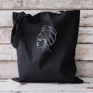 Sac fourre-tout brodé femme africaine caribéenne - Sac noir pour femme avec dessin au trait - Fait main - Sac fourre-tout pour l'école - Cadeaux, Uni, Essentiels, Shopping