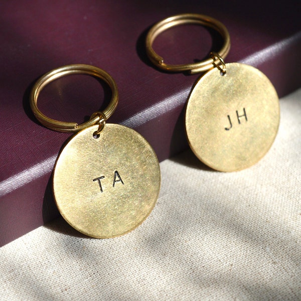 Personalised Initials Keyring - Custom Monogram Gold Brass Keychain, Round Letter Disc Tag, Identity Keyring, Bridesmaid Gifts, Bag Keyring