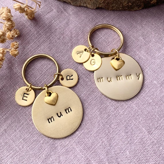 Personalised Mum Keyring with Children’s Initials - Mummy, Grandma Keyring - Mother’s Day Gift - Gold Brass, Hand-stamped Keychain