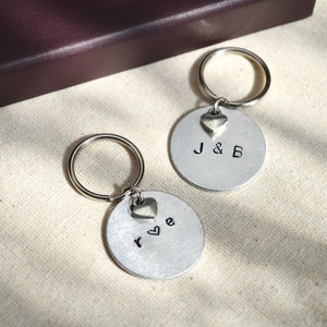 Custom Couples Initials Keyring - Silver Keyring, Hand-stamped Monogram Tag - Two Letter Personalised Letter Keychain - Valentine’s Gift