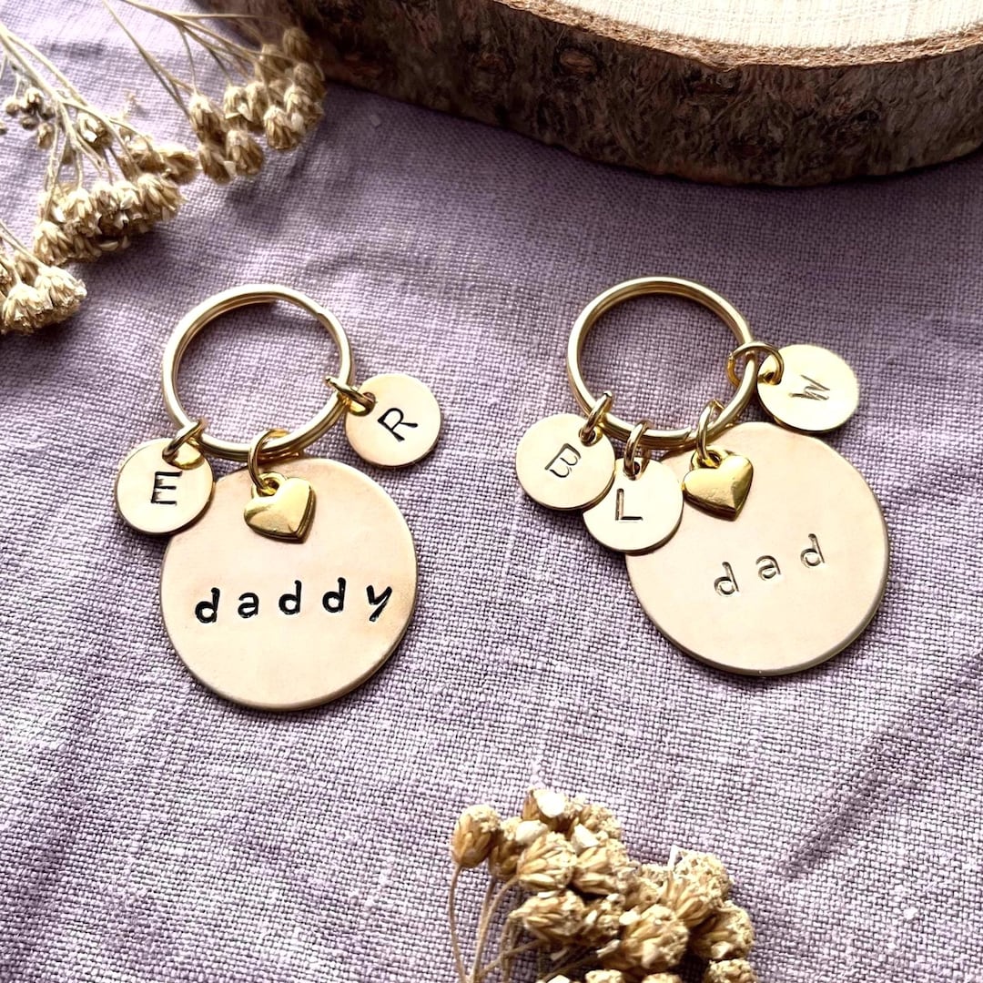 Dad Key Rings Metal Personalised Dad Keyring - Hand Stamped Gold Brass Initial Keychain - Etsy