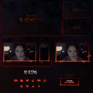 Peut inclure: Une superposition de flux Twitch rouge foncé et noir avec un thème gothique. La superposition comprend une carte de titre qui dit "Le flux commence", un cadre de webcam, une boîte de discussion, une notification "Nouvel abonné" et un ensemble de 10 icônes.