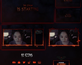May include: A dark red and black Twitch stream overlay with a gothic theme. The overlay includes a title card that says "The Stream Is Starting", a webcam frame, a chat box, a "Just Subscribed" notification, and a set of 10 icons.