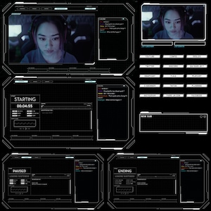 Könnte beinhalten: Ein Schwarzweiß-Screenshot eines Livestreams mit einer Streamerin in der oberen linken Ecke. Der Bildschirm ist in mehrere Abschnitte unterteilt, darunter ein Chatfenster, ein Livestream-Fenster und ein Abschnitt für Social-Media-Links. Der Stream ist mit "STARTING" betitelt und die Zeit ist 00:04:55. Das Chatfenster zeigt Nachrichten von Zuschauern, darunter "Hallo!" und "Wann ist das Spiel passiert?"