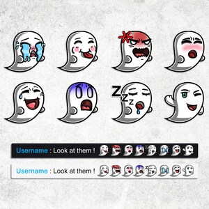 May include: A set of eight ghost emojis with different expressions, including crying, laughing, sleeping, and angry. The emojis are white with black outlines and various colored details.