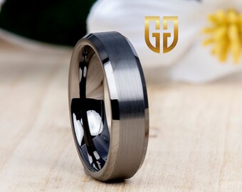 White Gold Plated Tungsten Wedding Band, Tungsten Ring Brushed 14k White Gold Center, Mens Ring, Mens Wedding Band, Womens Wedding Band