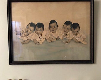 Dionne Quintuplets Hand-Tinted Antique Photograph c.1954, framed original issue
