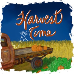 Peut inclure: Un camion rouge rouillé avec une benne en bois est rempli de citrouilles orange. Le camion est garé dans un champ de hautes herbes jaunes. Les mots "Harvest Time" sont écrits en orange sur un fond de ciel bleu.