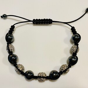 Black Corded Macrame Bracelet with Alternating Round Hematite Beads and Rhinestone Balls Adjustable 8&quot;- 13.5&quot;