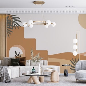 Mid Century Modern Temple Wallpaper Arches Mural Abstract Desert Landscape Wallpaper Leaves Personalizable Wall Mural Mid-Century Mural