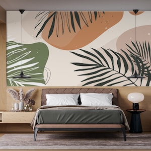 Carta da parati tropicale di metà secolo. Decorazione murale personalizzabile per soggiorno retrò, vintage, boho. Carta da parati rimovibile - Murale. Murale tropicale