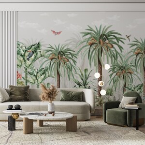 Papel tapiz de selva tropical, mural de pared con palmeras y acuarela, papel tapiz de fácil extracción, papel tapiz exótico, papel tapiz de selva amazónica