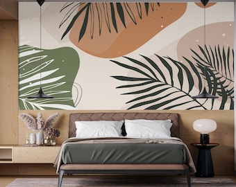 Tropische Tapete aus der Mitte des Jahrhunderts. Retro, Vintage, Boho Personalisierbares Wohnzimmer Wandbild. Wieder ablösbare Tapete - Wandbild. Tropisches Wandbild