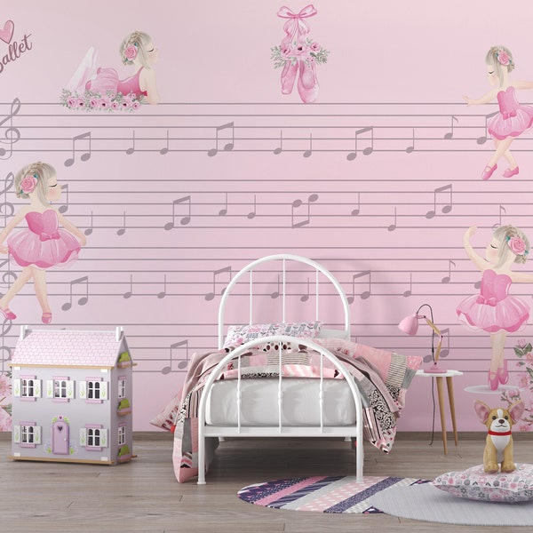 Nursery Ballerina Wallpaper Customizable Musical Notes Kids Mural Lullaby Customizable Kids Wallpaper Cute Baby Girl Nursery Mural