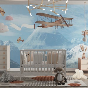 Aquarell Retro Flugzeuge und Berge kundengerecht Kinderzimmer-Tapete, nordische Entwurfs-Flugzeug-Kinderwand-Wandbild. Wieder ablösbare Tapete - Wandbild.