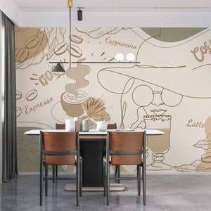 Modern Coffee Shop Wallpaper. Removable Abstract Woman Coffee Pattern Kitchen, Cafe Mural. Bohemian Wallpaper. Mid Century Modern Wallpaper