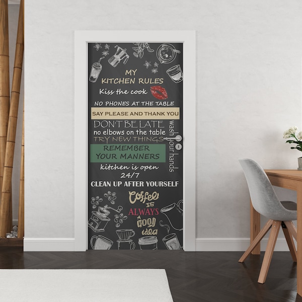 Customizable Kitchen Rules Door Wrap Coffee Shop Door Mural Peel And Stick Kitchen Door Poster Retro Style Door Decal, Door Decoration