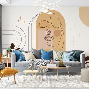 Carta da parati Mid Century Modern. Murale Boho astratto personalizzabile. Carta da parati rimovibile. Carta da parati Oneline Art Woman