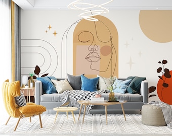 Papel pintado moderno de mediados de siglo: Arte abstracto de una sola línea de mujer, mural extraíble